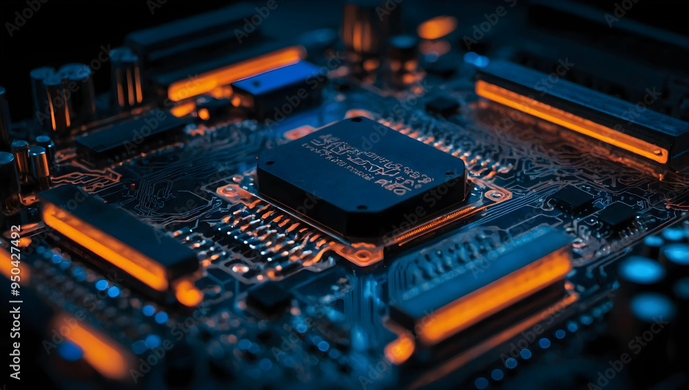 Poster glowing core: a close-up view of a futuristic circuit board with a powerful central processing unit 