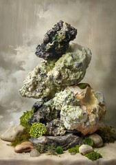 Abstract Rock Formation With Green Moss And Succulents