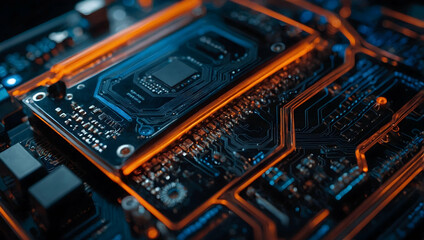 Obraz premium Glowing Core: A close-up view of a futuristic circuit board with a powerful central processing unit illuminated in vibrant orange light. 