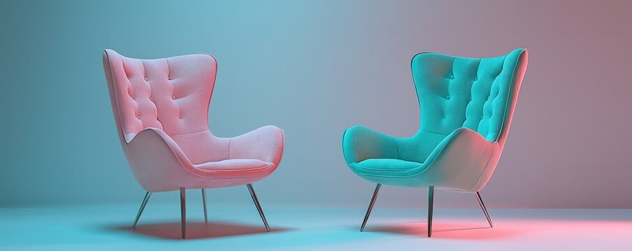 Simple background featuring two minimalist chairs in pink and turquoise, ultra HD.