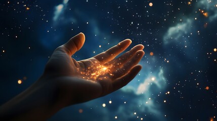 Open Palm: A hand with an open palm up, against a starry night sky. 
