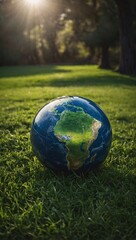 Earth Day concept, featuring a globe resting on a green grass field.