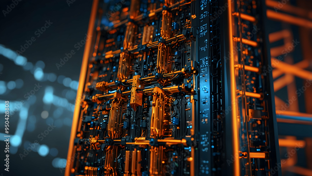 Poster cybernetic symphony: a mesmerizing close-up of a futuristic, intricate network of glowing circuits a