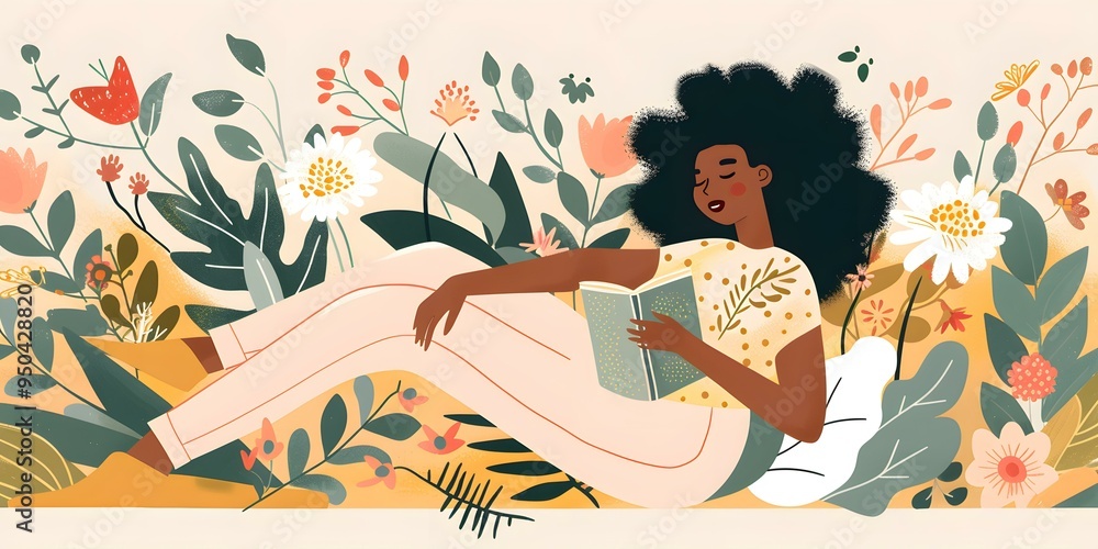 Canvas Prints Woman Reading in a Garden of Flowers Illustration