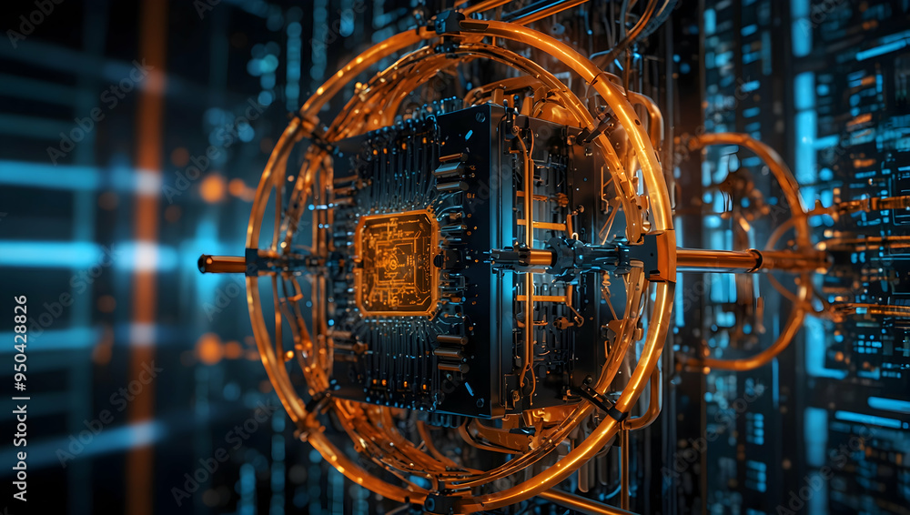 Aufkleber core of innovation: a glowing, futuristic cpu lies at the heart of a complex, intricate network of c