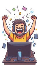 A cartoon-style vector illustration of an excited man sitting in front of his computer, celebrating after winning at video games or esports