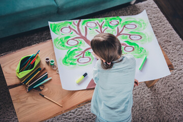 High angle view photo of lovely small girl draw family tree wear shirt loft interior apartment indoors