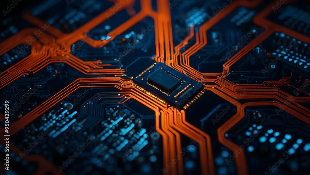 Poster glowing core: a close-up view of a futuristic circuit board with a powerful central processing unit 