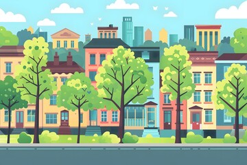 Colorful Cityscape Illustration with Green Trees and Buildings