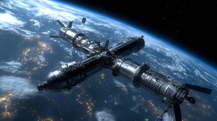 Obraz premium Space station orbiting distant planet sleek docking spacecraft cool tones metallic finishes highly detailed 3D rendering