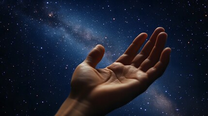 Open Palm: A hand with an open palm up, against a starry night sky. 
