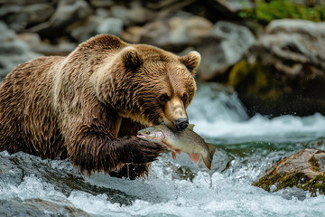 Obraz premium A brown bear expertly catches a fish in the rushing river, showcasing nature's raw beauty and survival skills in action.