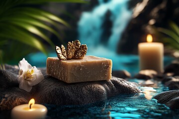 Natural soap bars with a luxurious bath experience, depicted in an artwork where the soap bars are part of a luxurious bath setting, with candles, soft towels, and a relaxing atmosphere, promoting