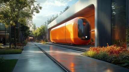 Obraz premium Futuristic orange train in scenic modern cityscape surrounded by lush greenery and contemporary architecture.