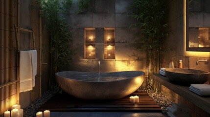 Zen-Inspired Bathroom with a Natural Stone Bathtub, Bamboo Accents, and Soft Ambient Lighting in Late Evening Light