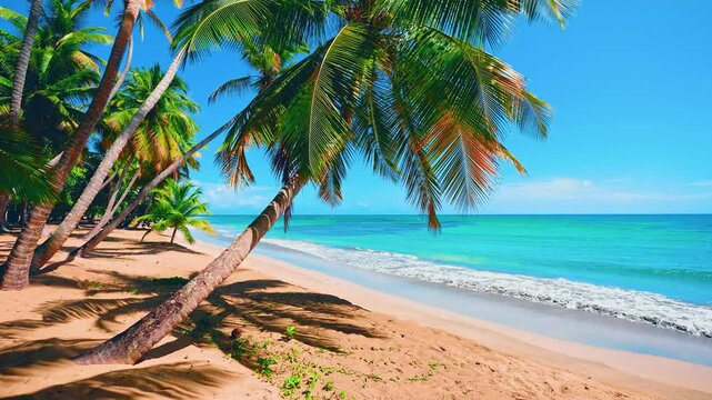 Coconut palm trees on empty Caribbean beach of tropical island. Blue sky background with white clouds and turquoise ocean on sunny day. Perfect natural landscape for summer vacation, panorama.