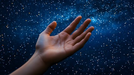 Open Palm: A hand with an open palm up, against a starry night sky. 
