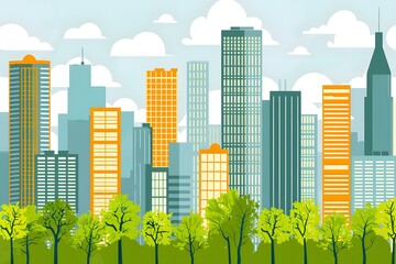 Cityscape Illustration With Tall Buildings and Trees
