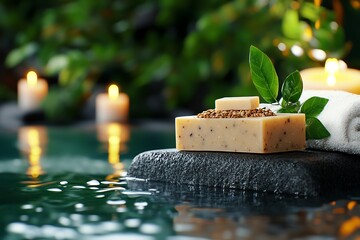 Natural soap bars with a luxurious bath experience, depicted in an artwork where the soap bars are part of a luxurious bath setting, with candles, soft towels, and a relaxing atmosphere, promoting