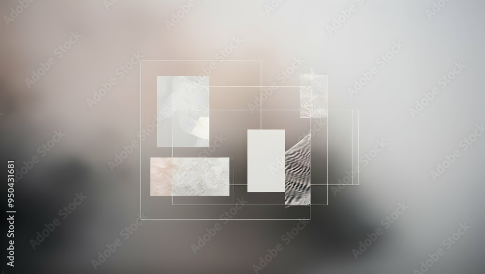 Poster abstract minimalist design: a series of overlapping, translucent squares and rectangles create a sen