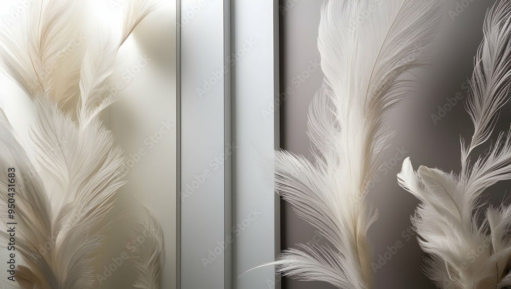 Poster feathery abstract: soft, white feathers cascade and curve in a minimalist abstract composition, evok
