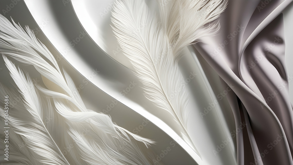 Poster feathery abstract: soft, white feathers cascade and curve in a minimalist abstract composition, evok