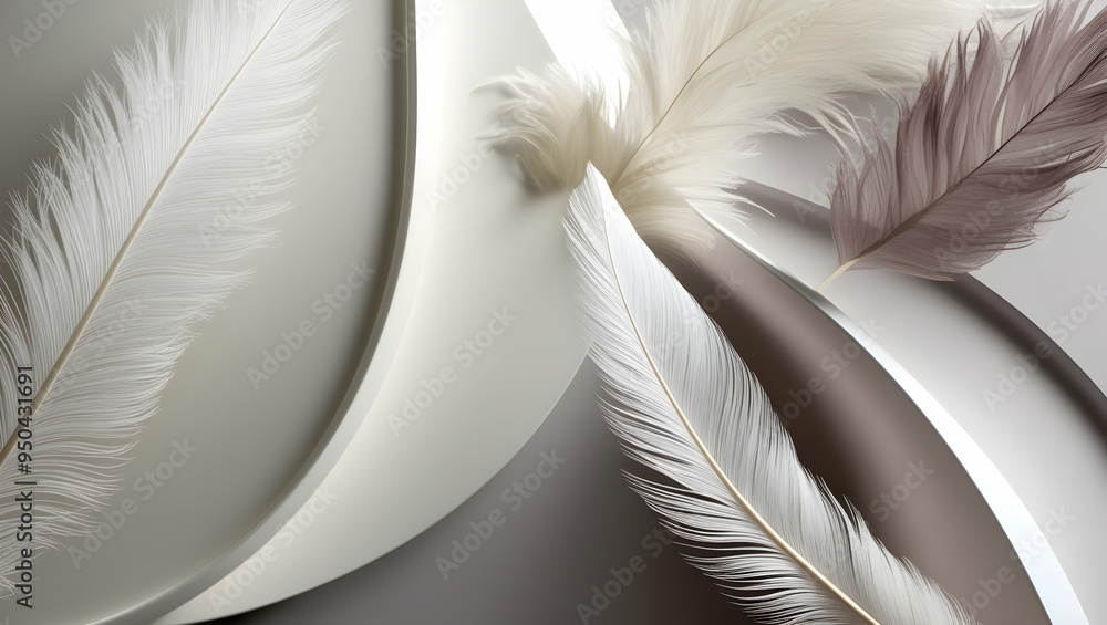 Poster feathery abstract: soft, white feathers cascade and curve in a minimalist abstract composition, evok