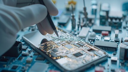 Obraz premium A man is repairing a cell phone