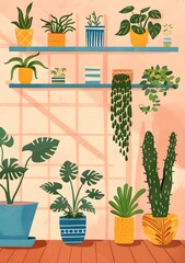 Indoor Plant Illustration With Colorful Pots and Shelving