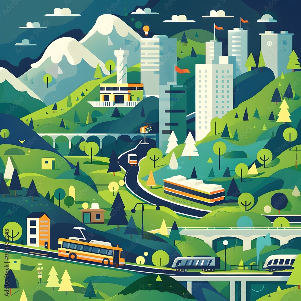 Poster Cityscape with Mountains and Lush Greenery in Flat Design Style