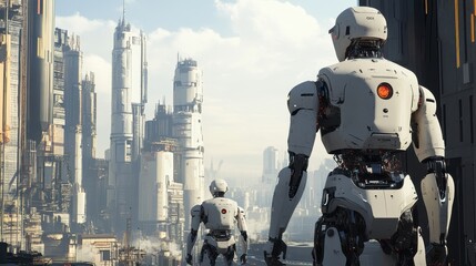 Futuristic City with Robots Overlooking the Skyline