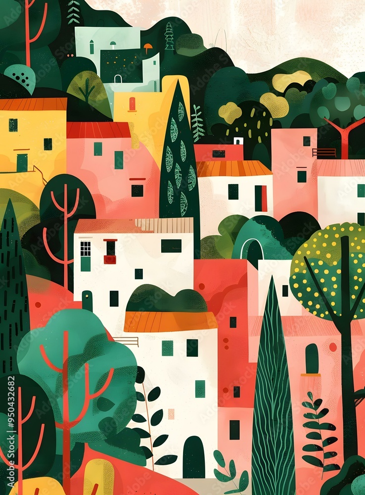 Canvas Prints Colorful Illustration of a European Village with Houses and Trees