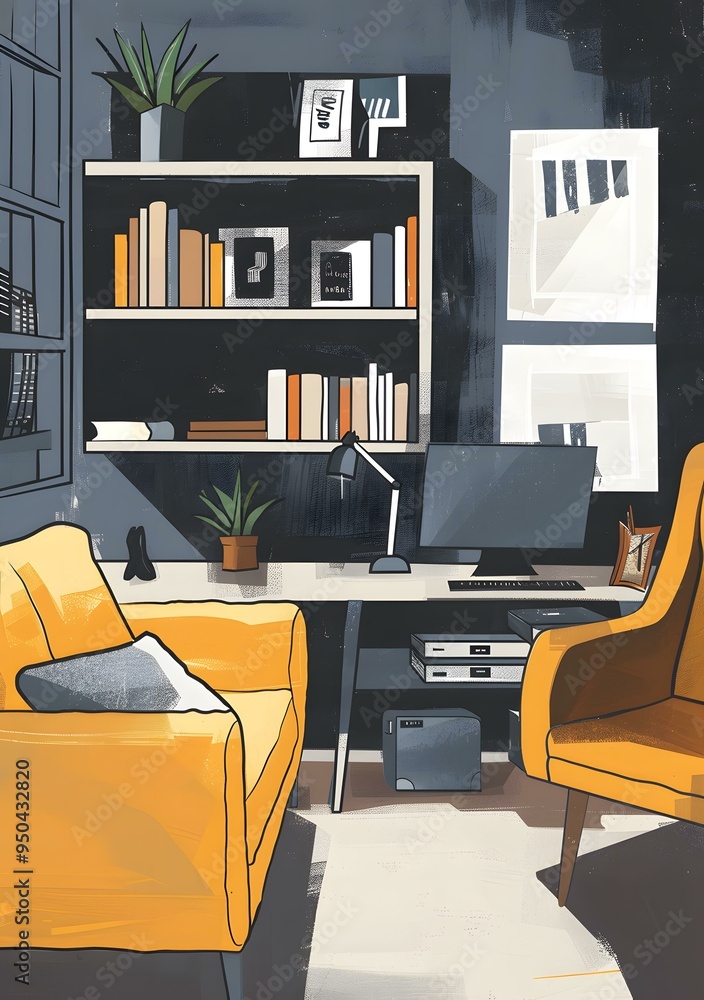 Sticker Modern Home Office Illustration with Yellow Armchairs