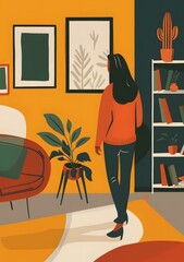 Woman in a Living Room Looking at Artwork