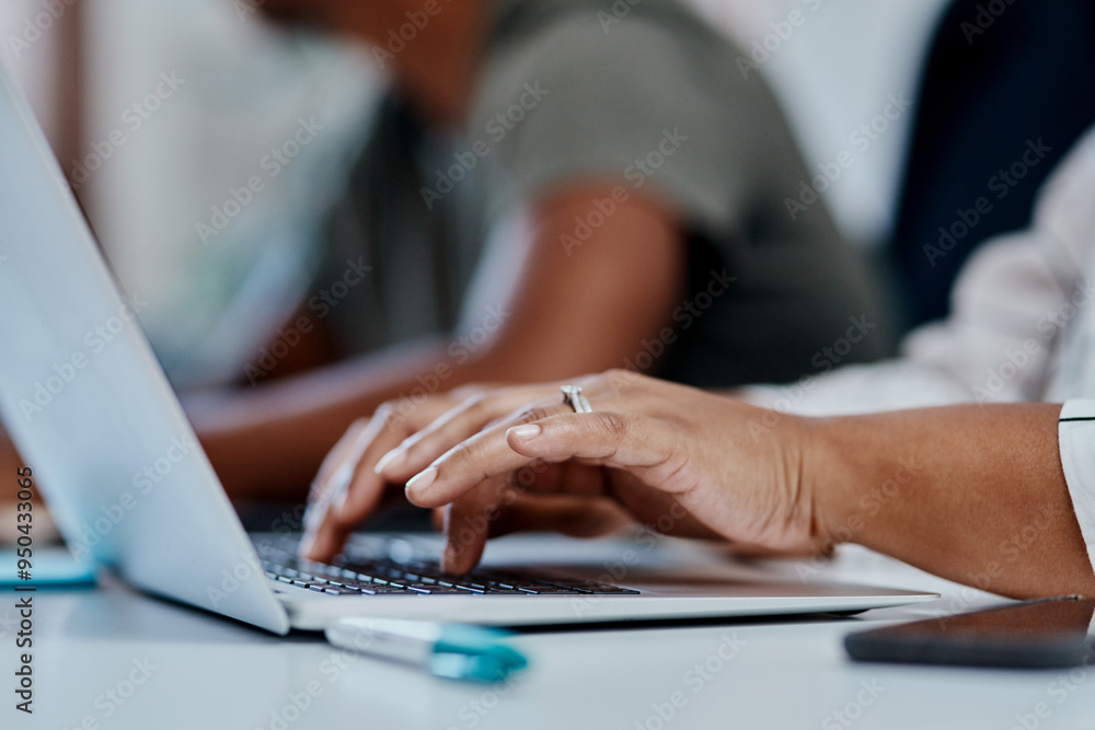 Poster hands, type and person in office with laptop for email, communication and business networking. start