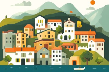 Colorful Illustration of a Small Town with Houses and Mountains