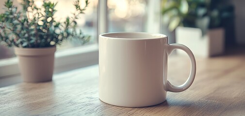 A Simple White Mug on a Wooden Table by a Window with Soft Light and a Blurred Background