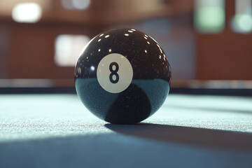 Black billiard ball with number 8. Close-up photo