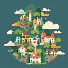 Colorful Illustration of a Small Town on a Hill