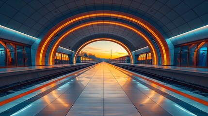 A train station with a tunnel and orange lights - generative AI