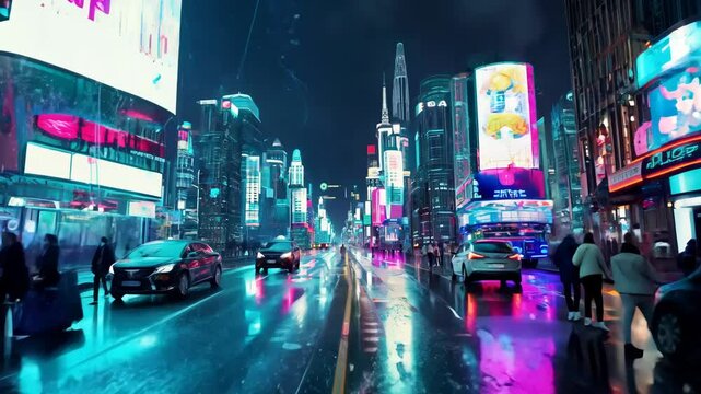 Futuristic dark cyberpunk city technology dystopia streets cars colorful neon AI lights glow night architecture skyscrapers background cyberspace technology simulation cyber fantasy science fiction