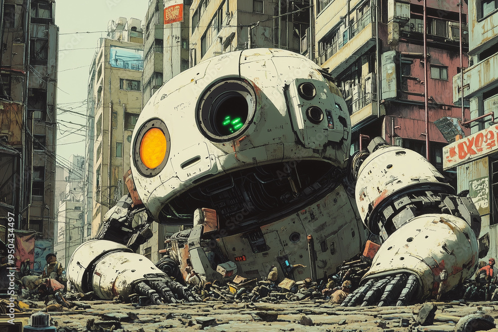 Poster A massive, worn-out robot lies in the middle of a densely populated urban alleyway, surrounded by dilapidated buildings, evoking a post-apocalyptic atmosphere.