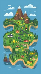 Illustration of a Cartoon Green Island with Mountains