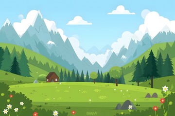 Cartoon Illustration of Green Landscape with Mountains