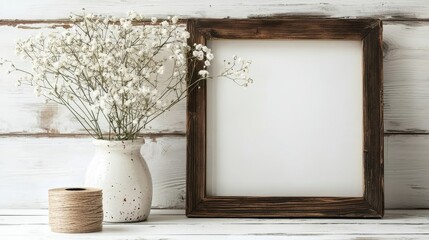 Rustic Whitewashed Background with White Flowers a Rustic Frame and a Ball of Twine Minimalist Composition