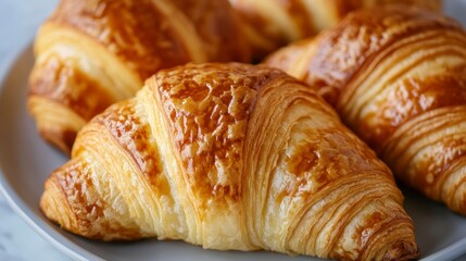 Fototapeta premium 27080743 01 Croissants: Close-up of golden, buttery croissants on a plate, set against a plain background. --ar 16:9 --v 6.1 Job ID: 8c111018-0436-4cbb-be57-396e58bddbf4