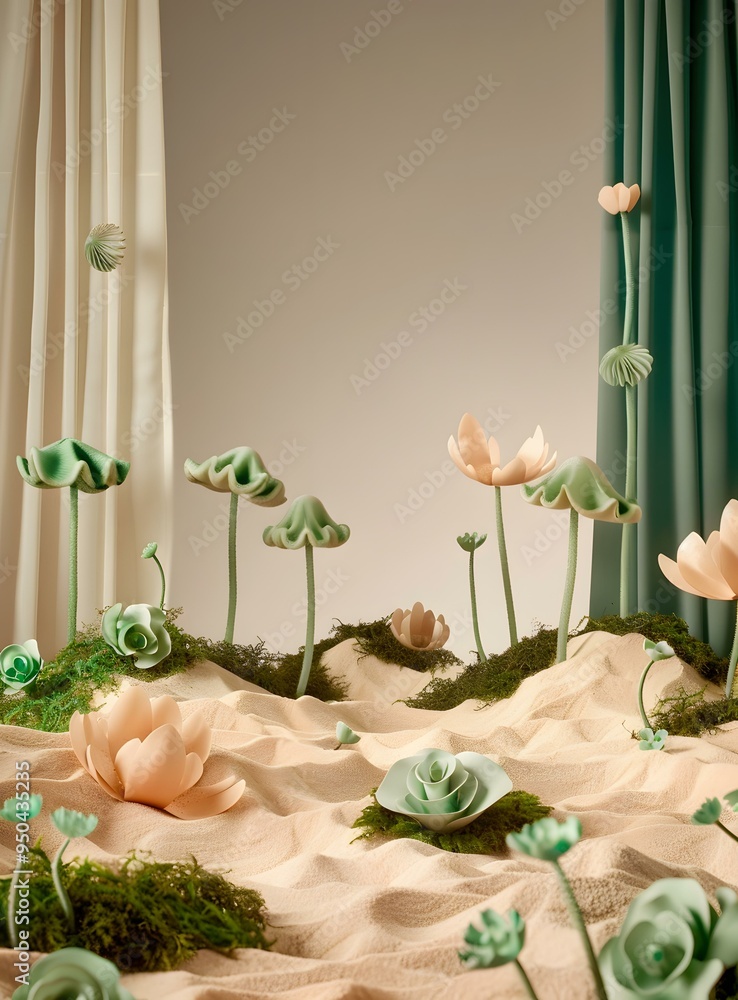 Poster green flowers and mushrooms in a sandy landscape