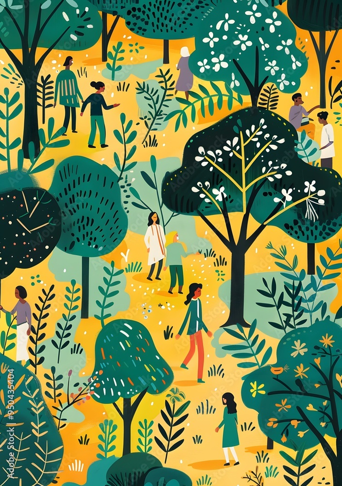 Wall mural colorful illustration of people walking in a lush green forest