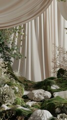 Curtain draped over mossy forest with rocks