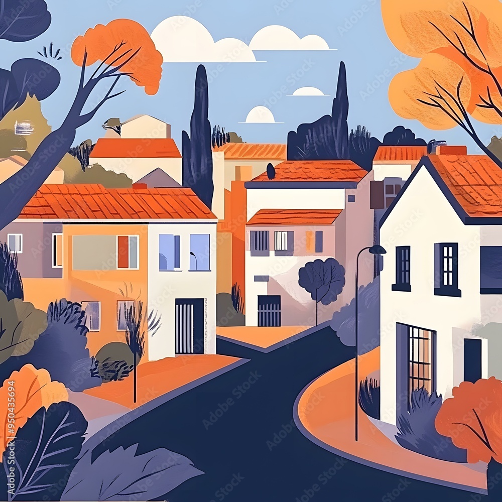 Canvas Prints Illustrated Colorful Houses in a Suburban Neighborhood